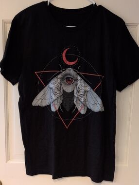 Black Graphic Moth Tee with Red Crescent